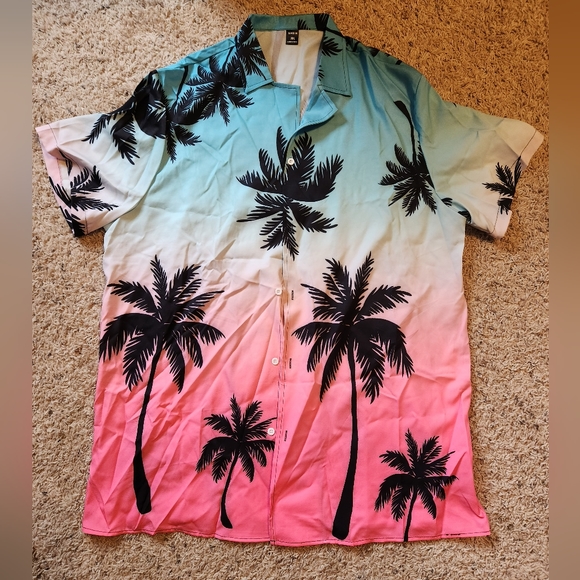 SHEIN-Mens Hawaiian Shirt, XXL, Blue & Pink, Palm Trees, Button Down - Picture 1 of 3